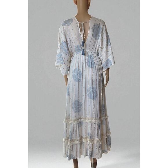 Bohemian tiered batwing sleeve maxi dress metallic stripes size L - Picture 2 of 5